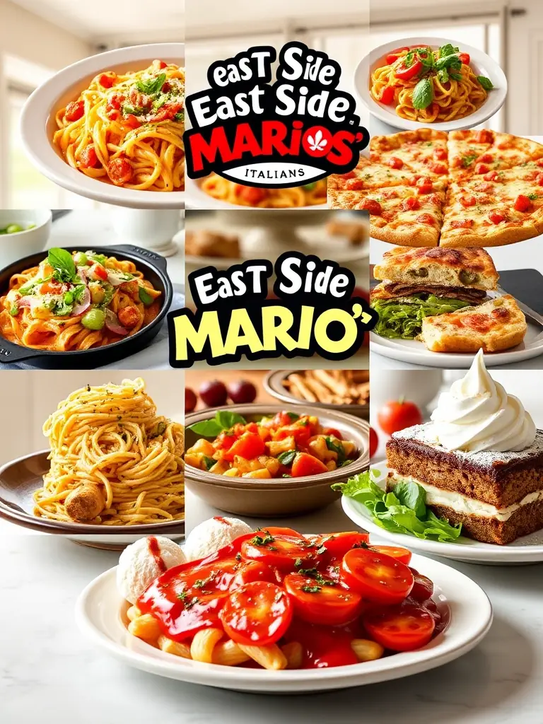A colorful collage of various dishes from East Side Mario's menu, including pasta, pizza, salads, and desserts, highlighting the wide variety available.