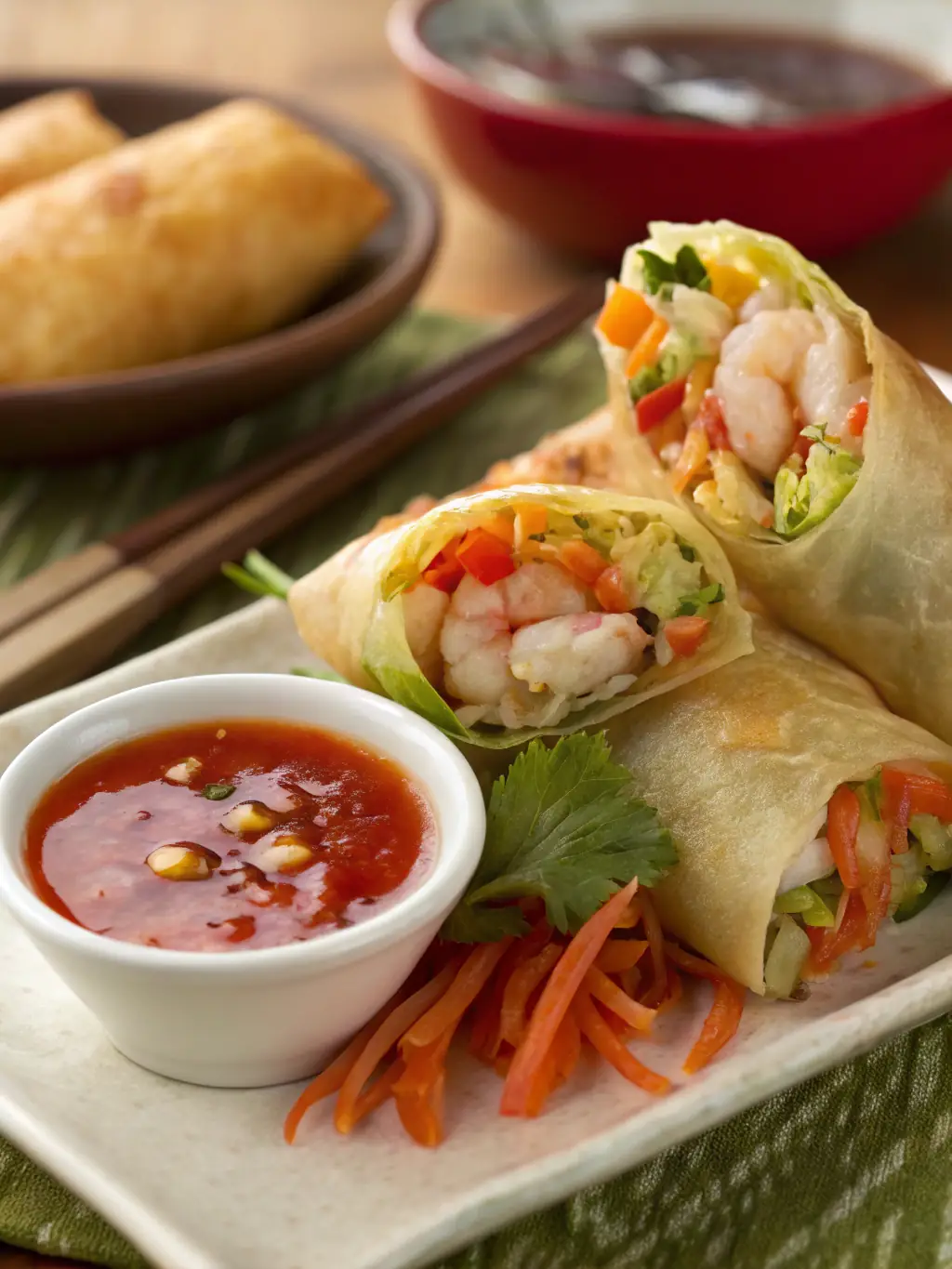 A colorful plate of Vegetable Spring Rolls, crispy and golden brown, served with a side of sweet chili dipping sauce.