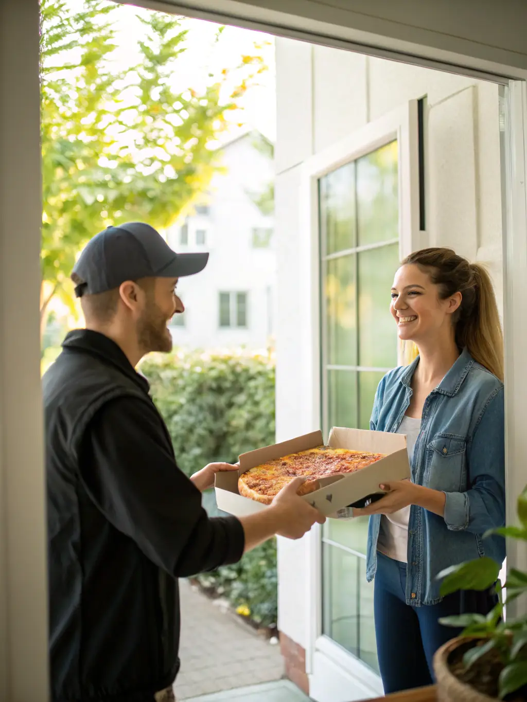 An image of East Side Mario's delivery driver handing over a pizza box with a smile, emphasizing the fast and friendly delivery service.