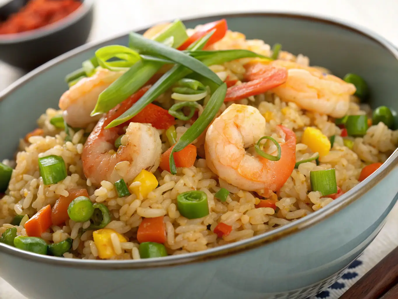 A visually appealing photo of Shrimp Fried Rice, showcasing the colorful mix of shrimp, vegetables, and fluffy rice, seasoned with soy sauce and spices.