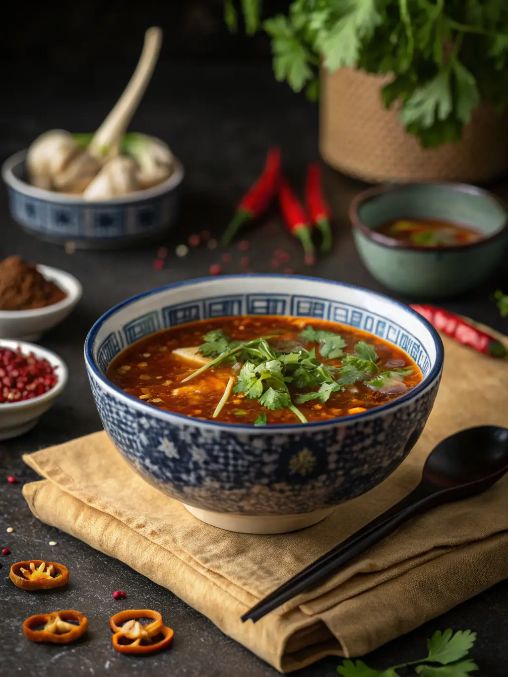 A steaming bowl of Wonton Soup, with delicate wontons floating in a clear broth, garnished with scallions and a drizzle of sesame oil.