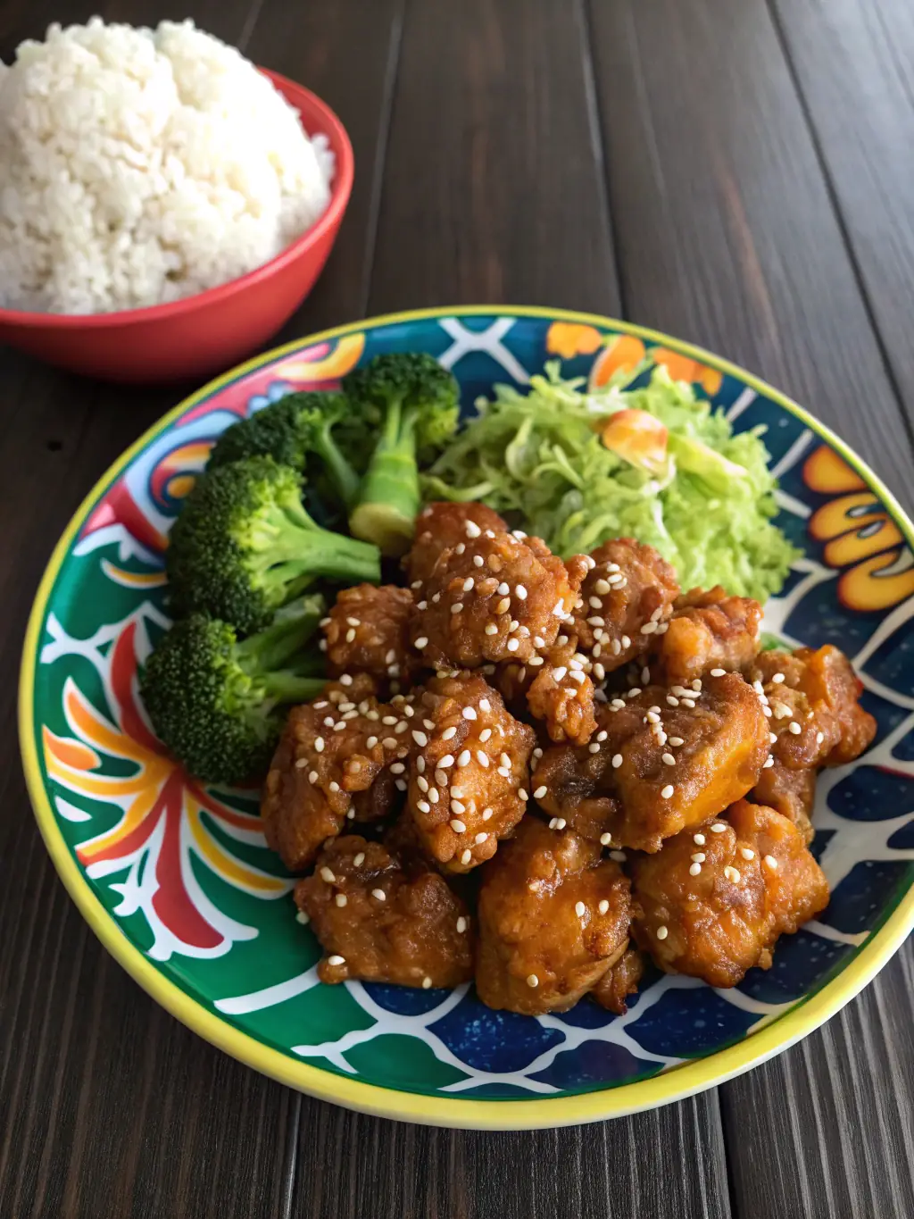 A vibrant, close-up shot of General Tso's Chicken, showcasing its crispy texture and glistening sauce, served in a classic takeout container with chopsticks.