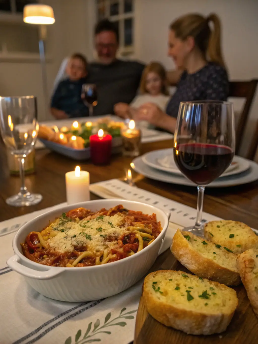 A vibrant photo of a family happily gathered around a table, enjoying a hearty Italian meal at East Side Mario's, with pasta dishes and garlic bread visible.