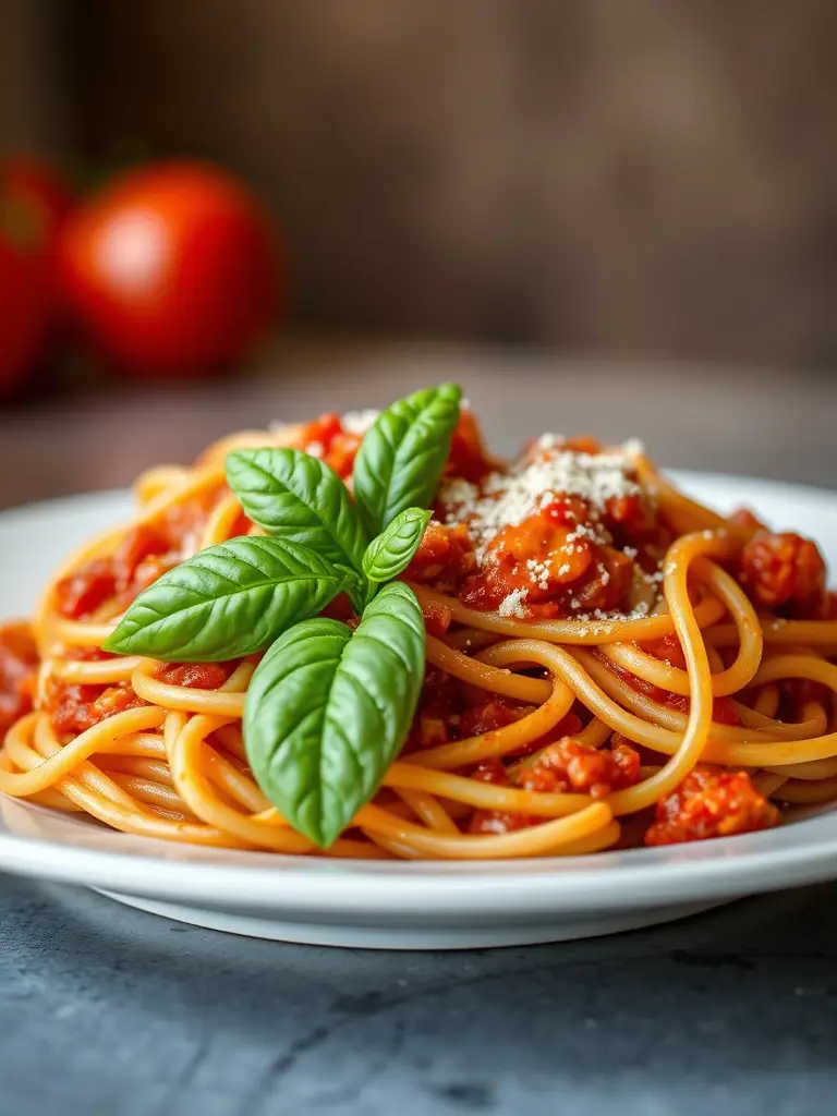 A close-up shot of a perfectly cooked pasta dish with rich tomato sauce and fresh basil, showcasing the quality ingredients used at East Side Mario's.